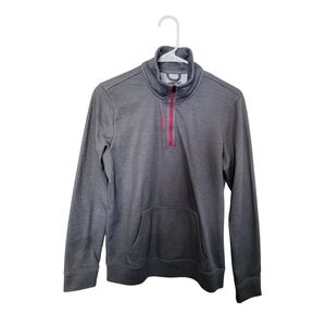 Reebok Workout Ready Womens Quarter Zip Pullover Fleece Gray Pink Small Pocket